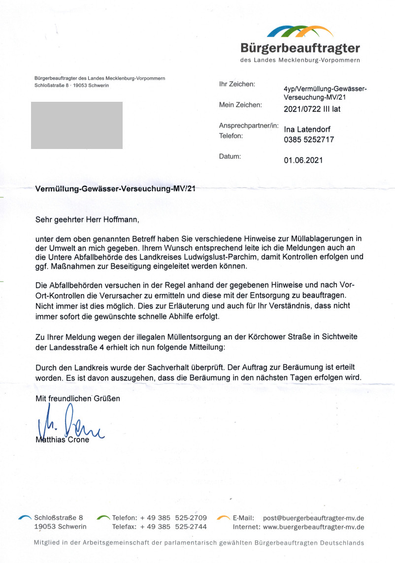 muell anzeigen mecklenburg vorpommern buergerbeauftragter wittendoerp heimatschutzbewegung