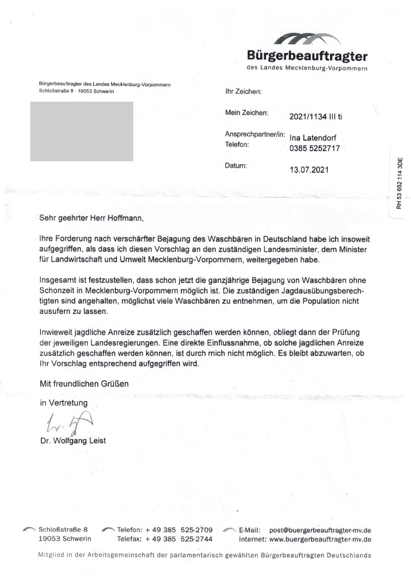 ANTWORT RE Buergerbeauftragter PETITION ANTRAG Waschbaeren MV 28.07.2021