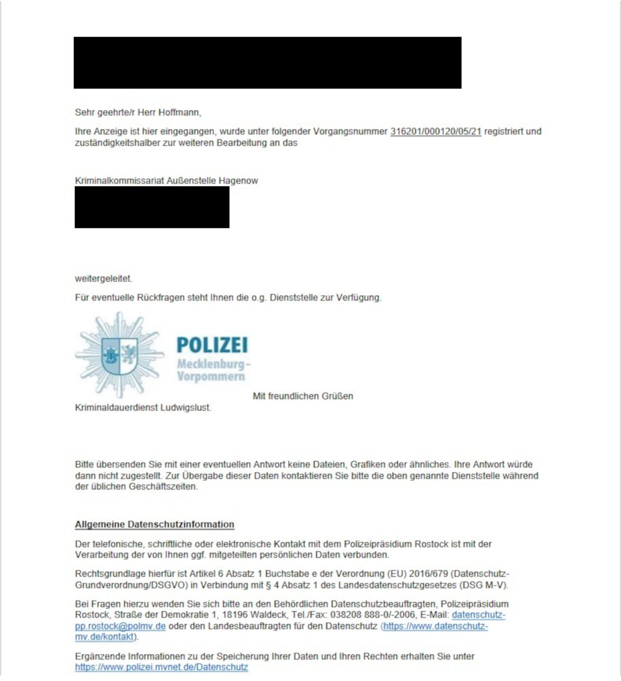 polizei antwortschreiben heimat heimatsc
